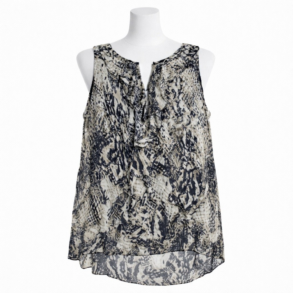 Belle France Split Neck Sleeveless Blouse Womens L Snakeskin Print Chic Neutral